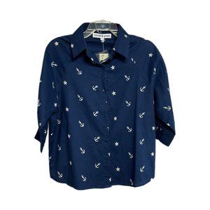 Hannah and Gracie Navy Nautical Print Convertible Sleeve Blouse Size M, NWT